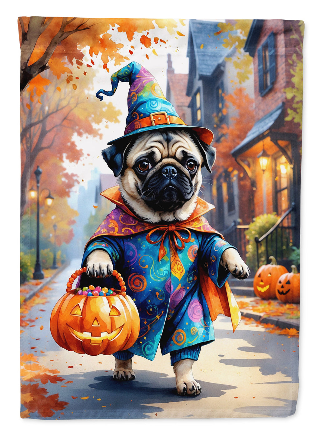 Pug Halloween Trick or Treat House Flag 28x40 Porch Sleeve Pole Decorative Outside Yard Banner Artwork Wall Hanging, Polyester