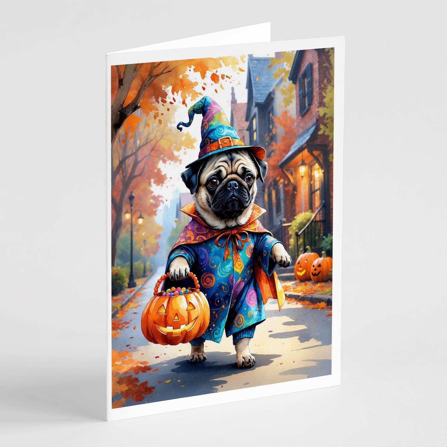 Pug Halloween Trick or Treat Greeting Cards Pack of 8 Blank Cards with Envelopes Whimsical A7 Size 5x7