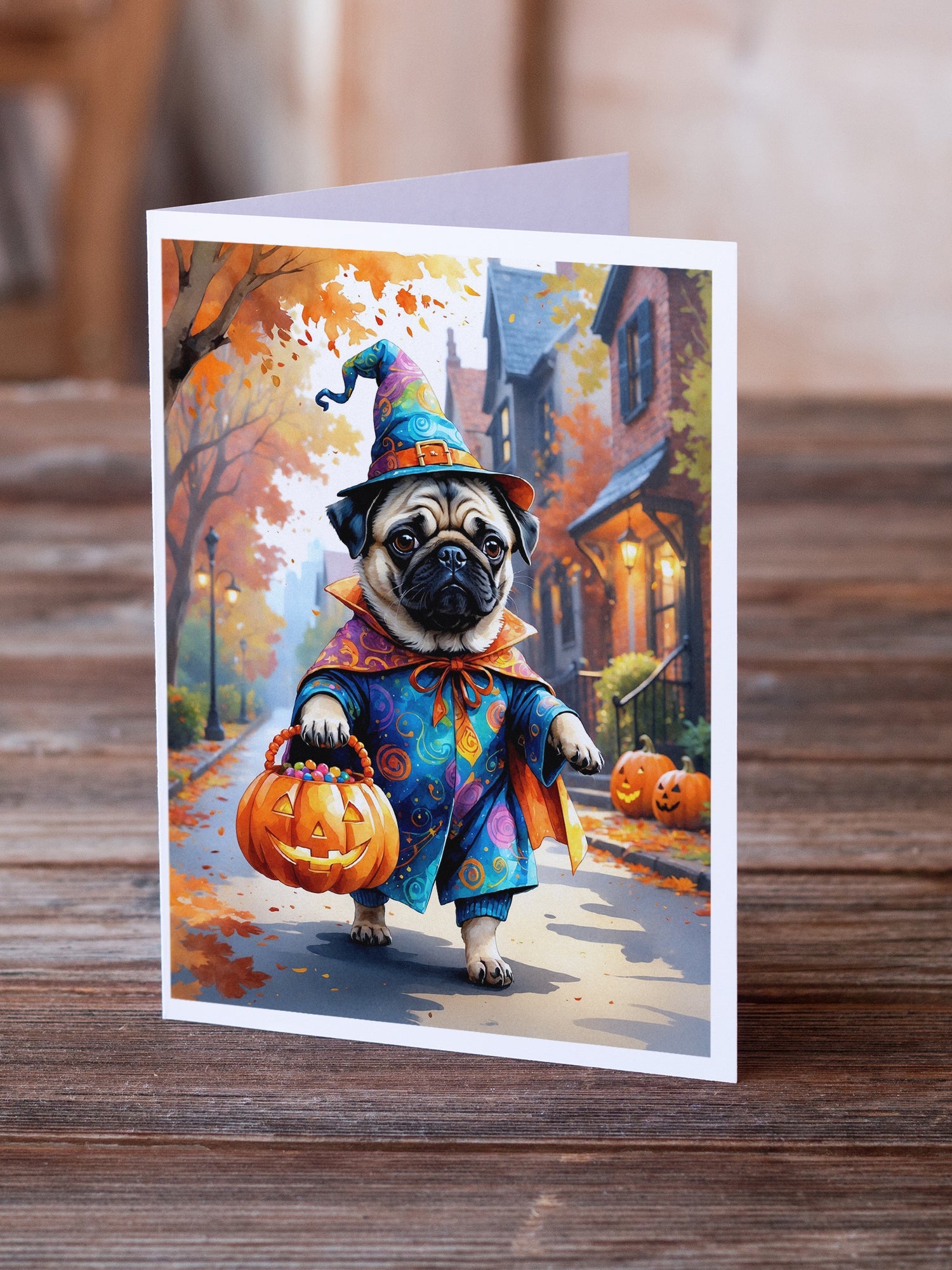 Pug Halloween Trick or Treat Greeting Cards Pack of 8 Blank Cards with Envelopes Whimsical A7 Size 5x7