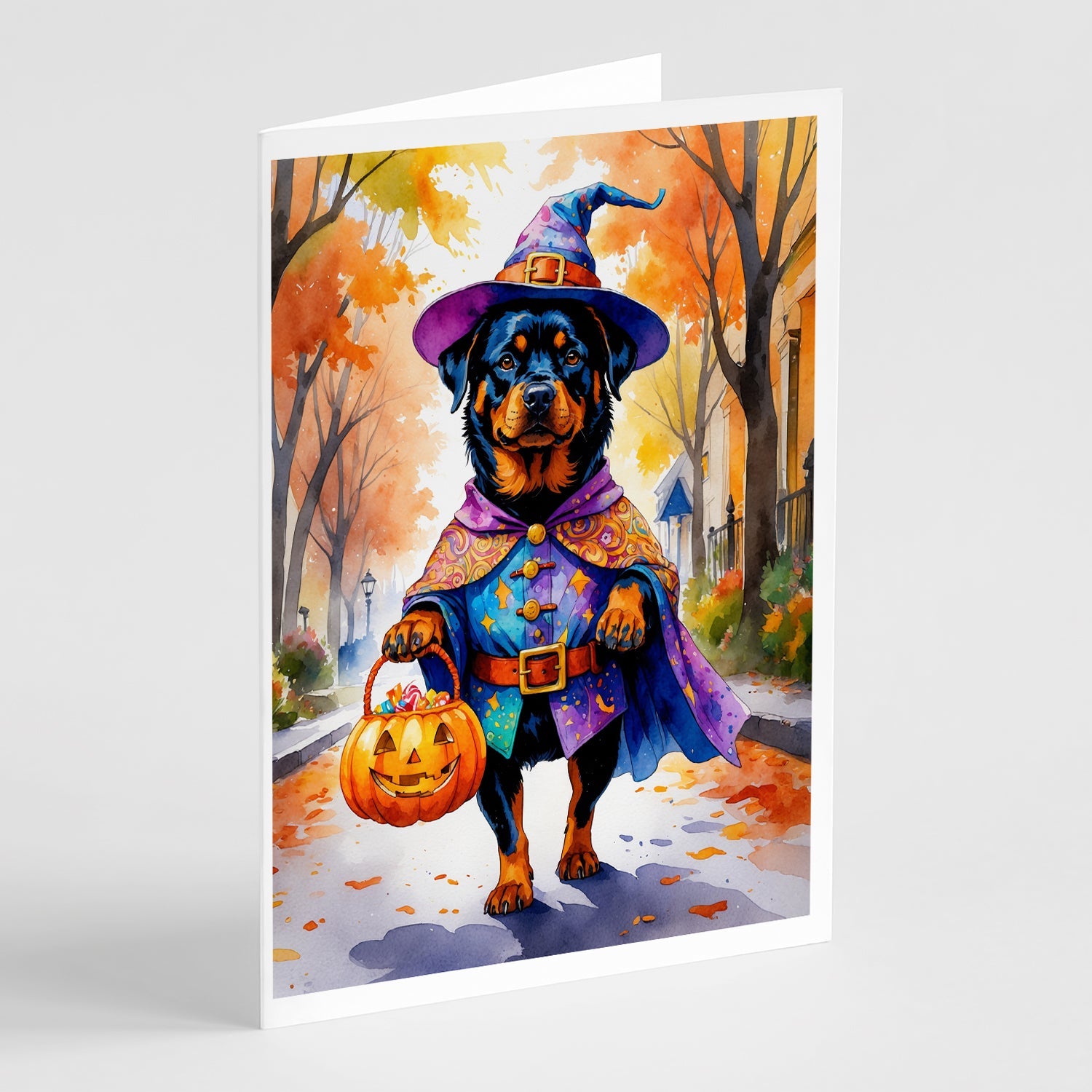 Rottweiler Halloween Trick or Treat Greeting Cards Pack of 8 Blank Cards with Envelopes Whimsical A7 Size 5x7