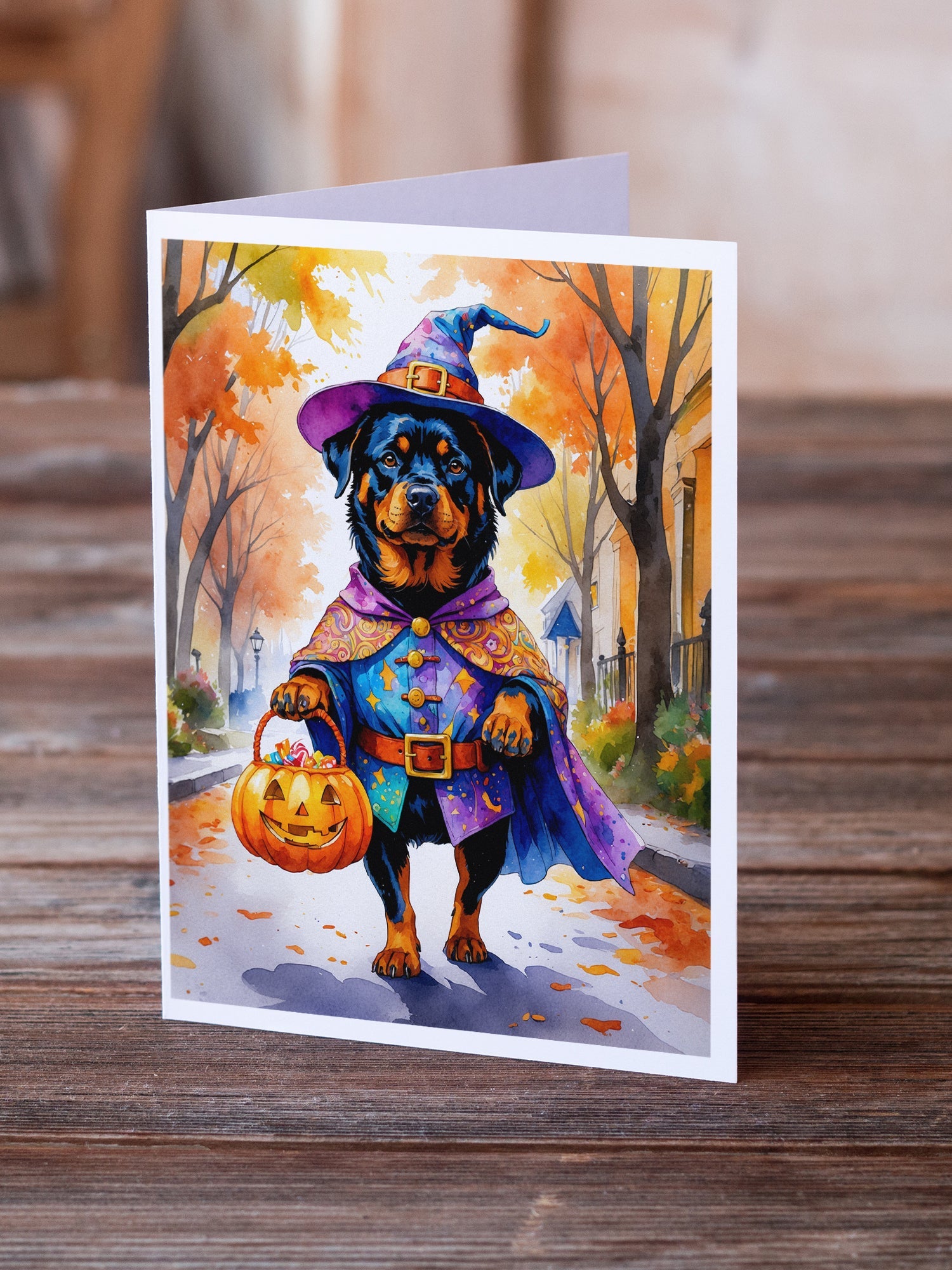 Rottweiler Halloween Trick or Treat Greeting Cards Pack of 8 Blank Cards with Envelopes Whimsical A7 Size 5x7