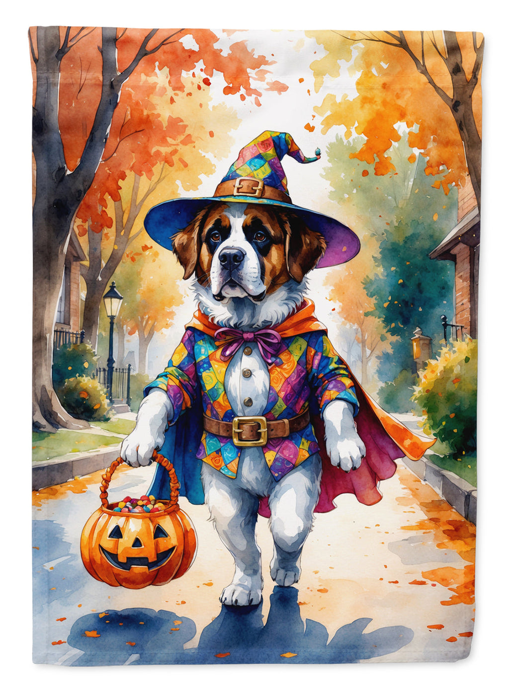 Saint Bernard Halloween Trick or Treat House Flag 28x40 Porch Sleeve Pole Decorative Outside Yard Banner Artwork Wall Hanging, Polyester