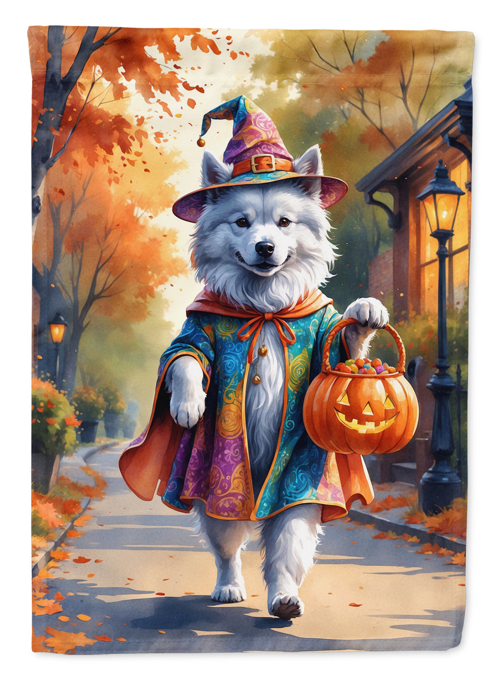 Samoyed Halloween Trick or Treat House Flag 28x40 Porch Sleeve Pole Decorative Outside Yard Banner Artwork Wall Hanging, Polyester