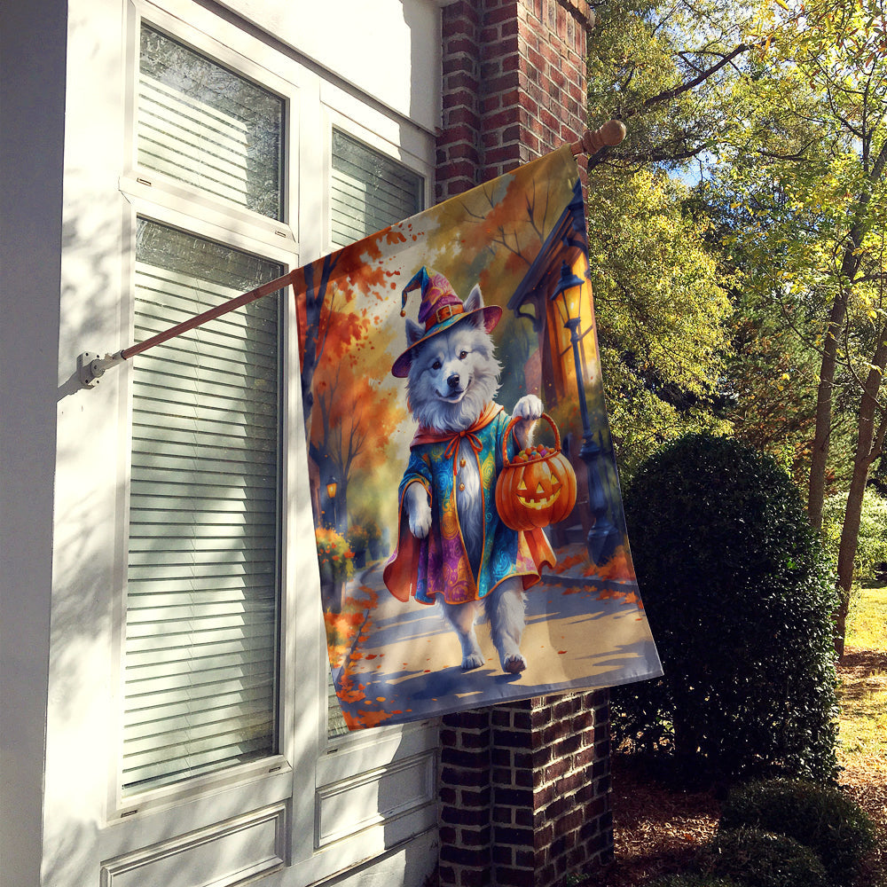 Samoyed Halloween Trick or Treat House Flag 28x40 Porch Sleeve Pole Decorative Outside Yard Banner Artwork Wall Hanging, Polyester
