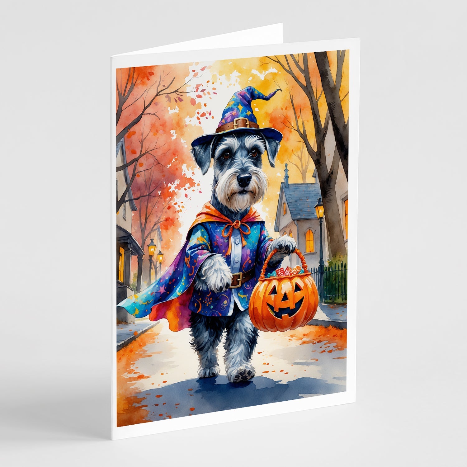 Schnauzer Halloween Trick or Treat Greeting Cards Pack of 8 Blank Cards with Envelopes Whimsical A7 Size 5x7