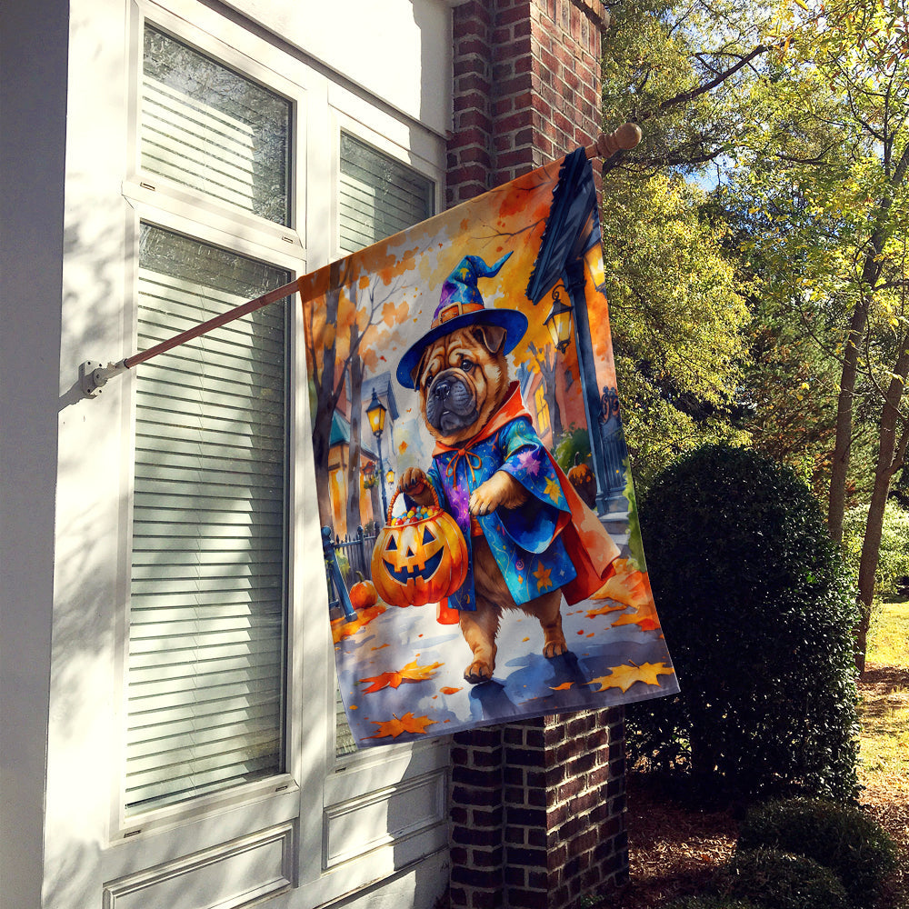 Shar Pei Halloween Trick or Treat House Flag 28x40 Porch Sleeve Pole Decorative Outside Yard Banner Artwork Wall Hanging, Polyester