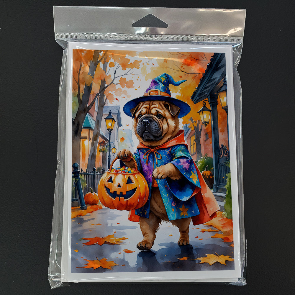 Shar Pei Halloween Trick or Treat Greeting Cards Pack of 8 Blank Cards with Envelopes Whimsical A7 Size 5x7