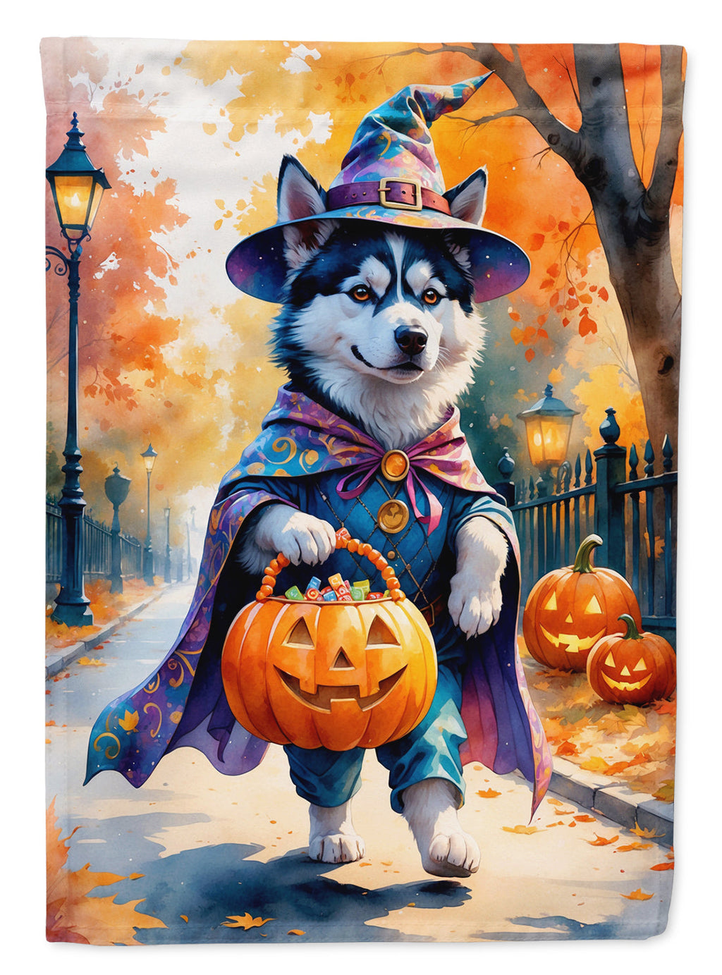 Siberian Husky Halloween Trick or Treat House Flag 28x40 Porch Sleeve Pole Decorative Outside Yard Banner Artwork Wall Hanging, Polyester