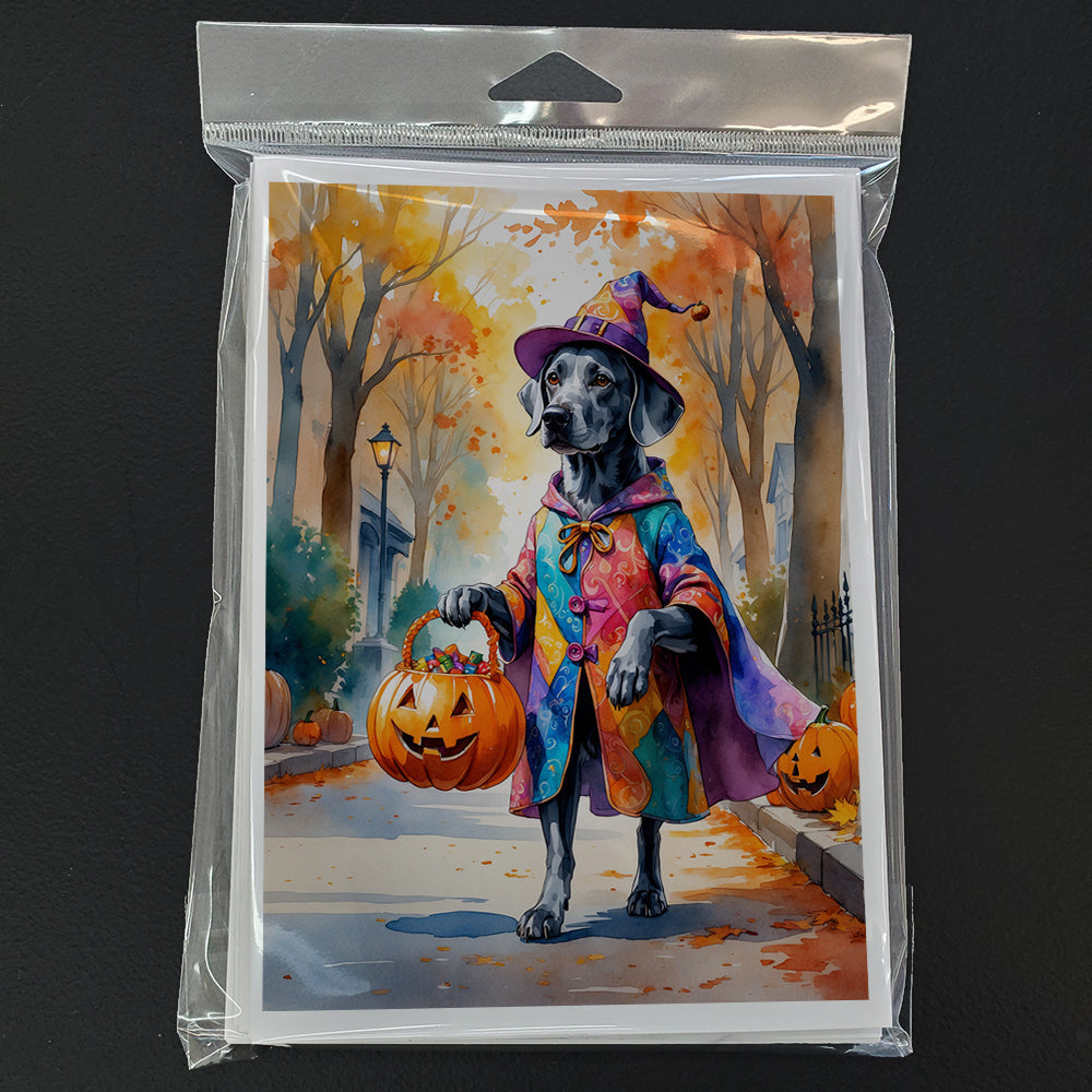 Weimaraner Halloween Trick or Treat Greeting Cards Pack of 8 Blank Cards with Envelopes Whimsical A7 Size 5x7