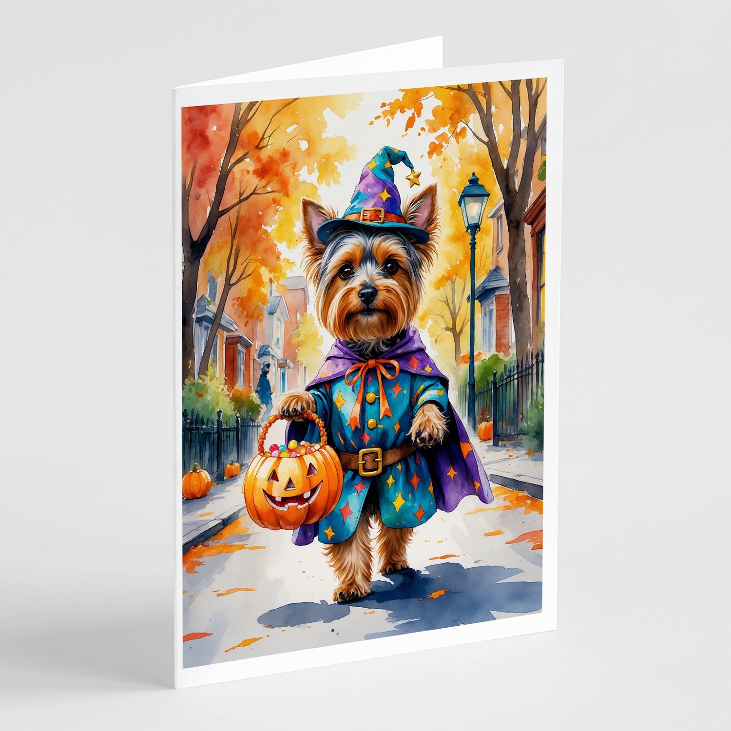 Yorkshire Terrier Yorkie Halloween Trick or Treat Greeting Cards Pack of 8 Blank Cards with Envelopes Whimsical A7 Size 5x7