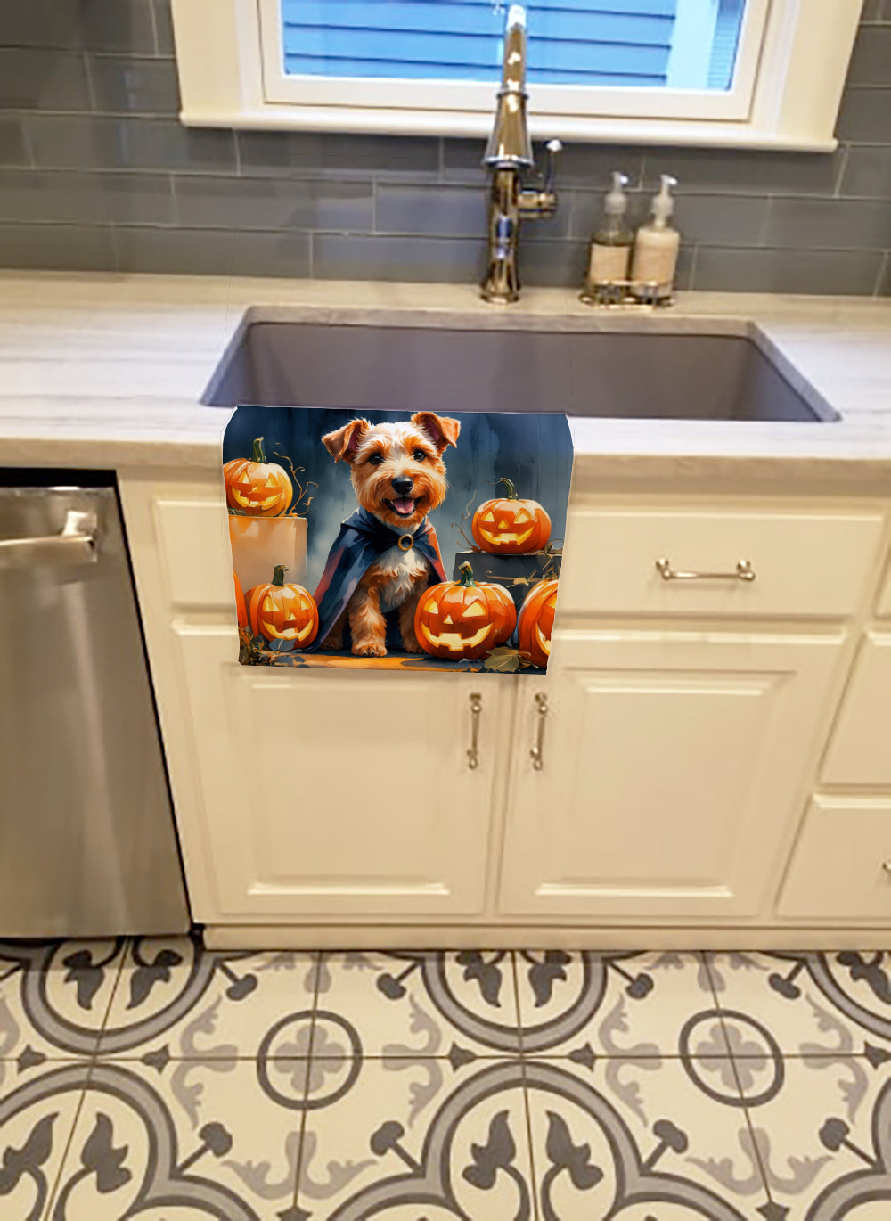 Airedale Terrier Puppy Halloween Kitchen Towel Velour Plush Front and Cotton Loop Back Machine Washable