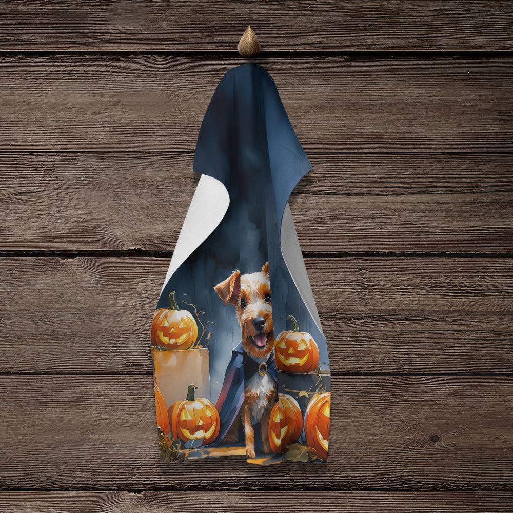Airedale Terrier Puppy Halloween Kitchen Towel Velour Plush Front and Cotton Loop Back Machine Washable