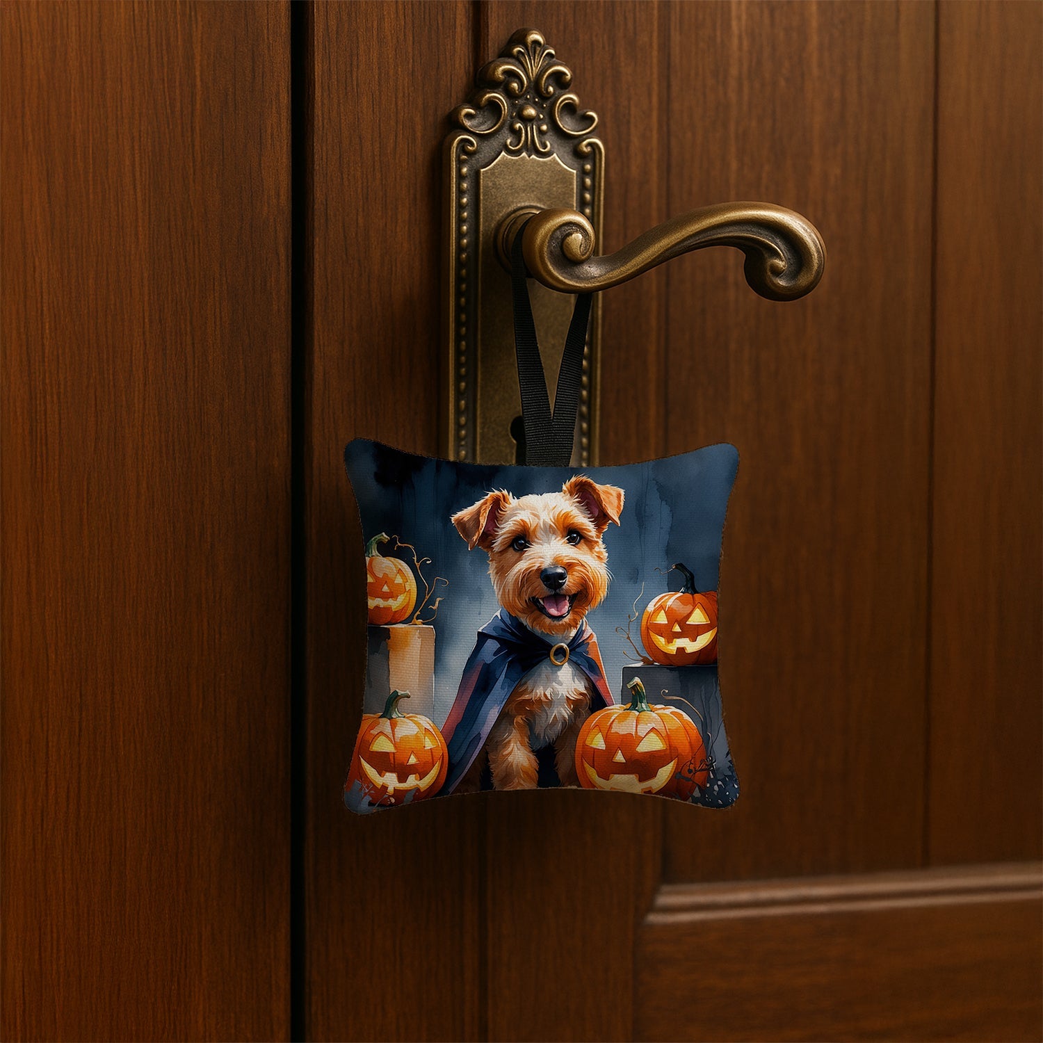 Airedale Terrier Puppy Halloween Hanging Square Fabric Ornament 3.5 × 3.5 Decorative Door-Knob & Tree Hanger, Soft Fabric