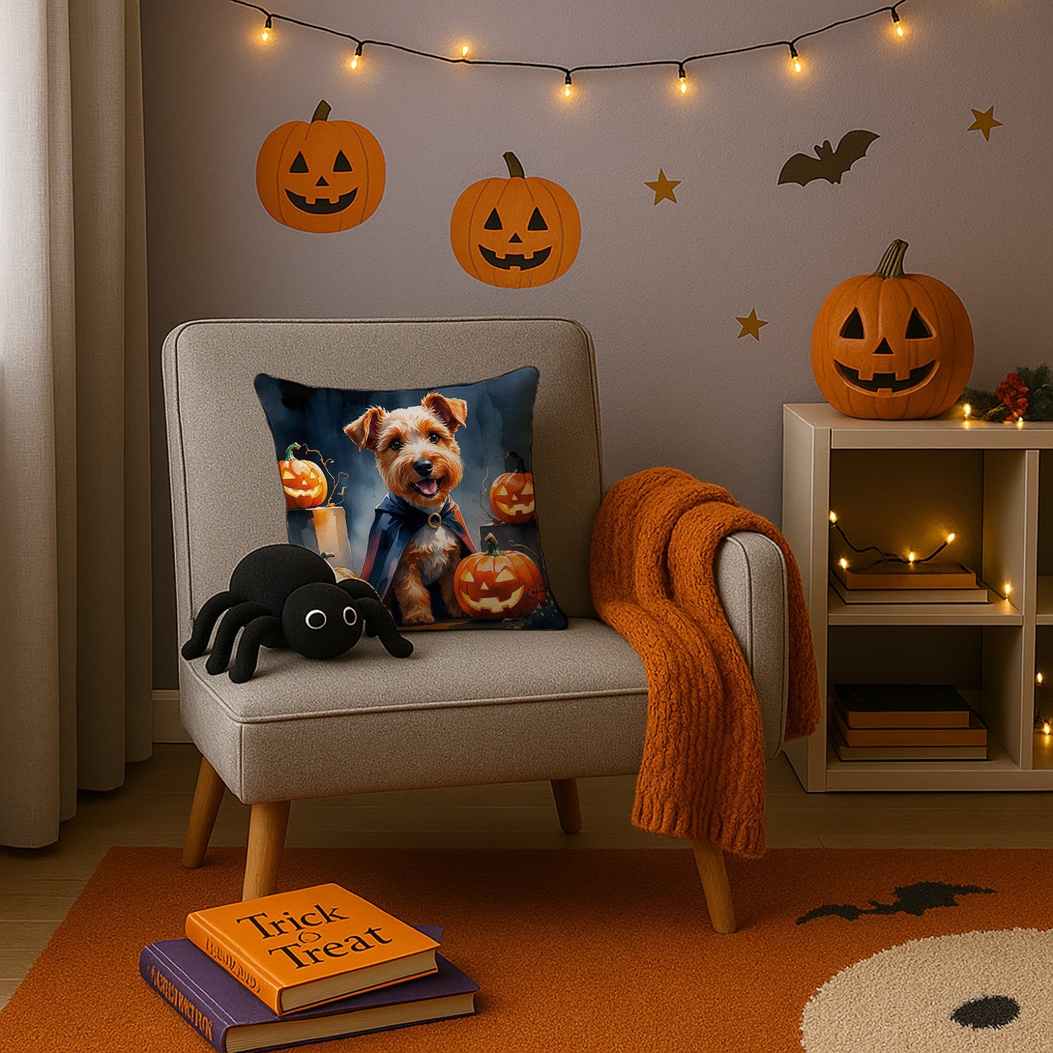 Airedale Terrier Puppy Halloween Decorative Throw Pillow 14x14 Indoor Outdoor Accent Cushion, Fabric Cover with Insert for Sofa, Bed, Porch & Living Room