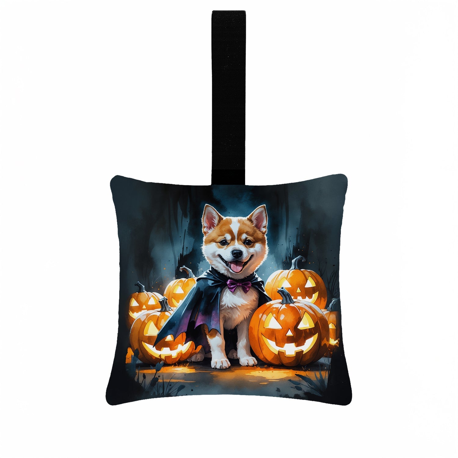 Akita Puppy Halloween Hanging Square Fabric Ornament 3.5 × 3.5 Decorative Door-Knob & Tree Hanger, Soft Fabric