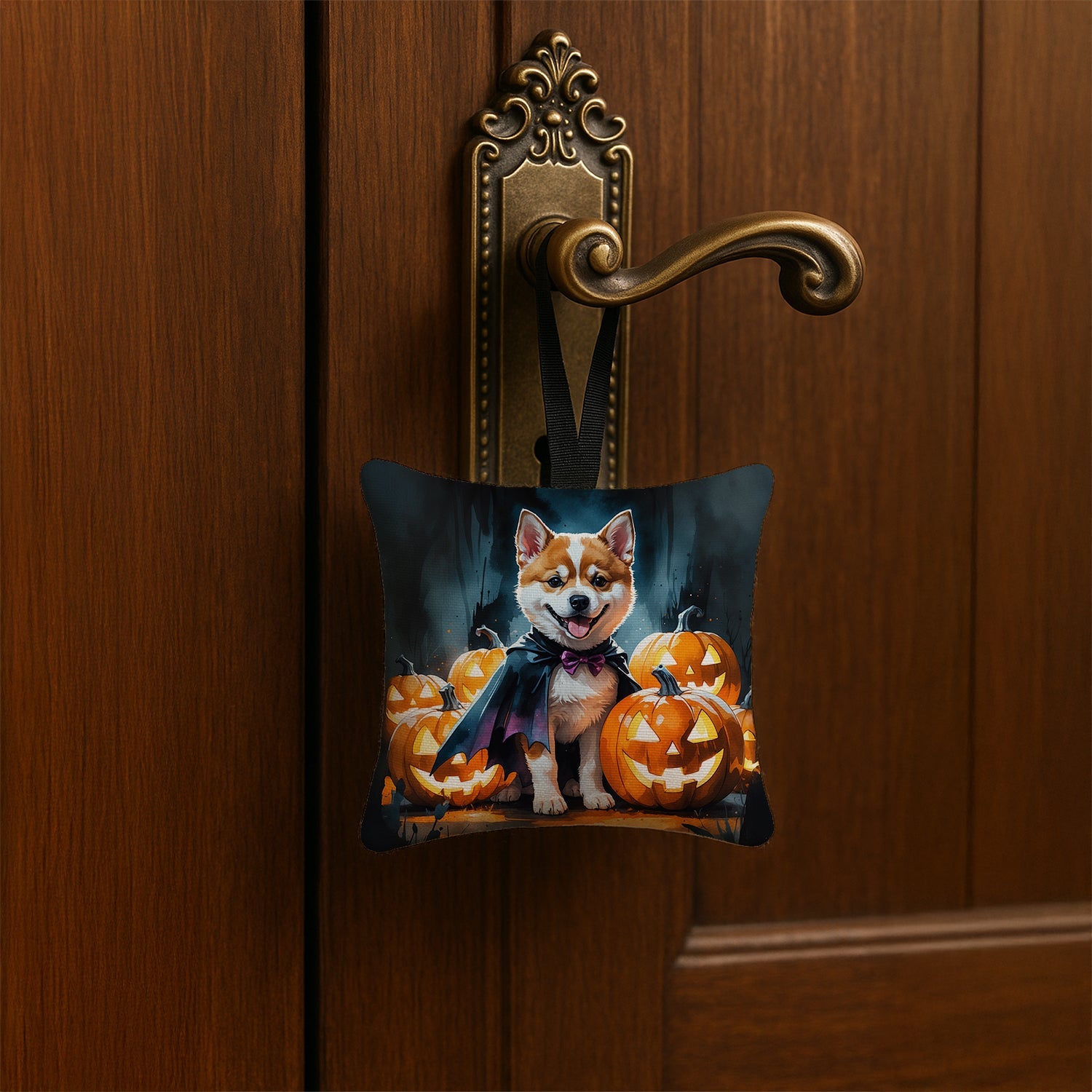 Akita Puppy Halloween Hanging Square Fabric Ornament 3.5 × 3.5 Decorative Door-Knob & Tree Hanger, Soft Fabric