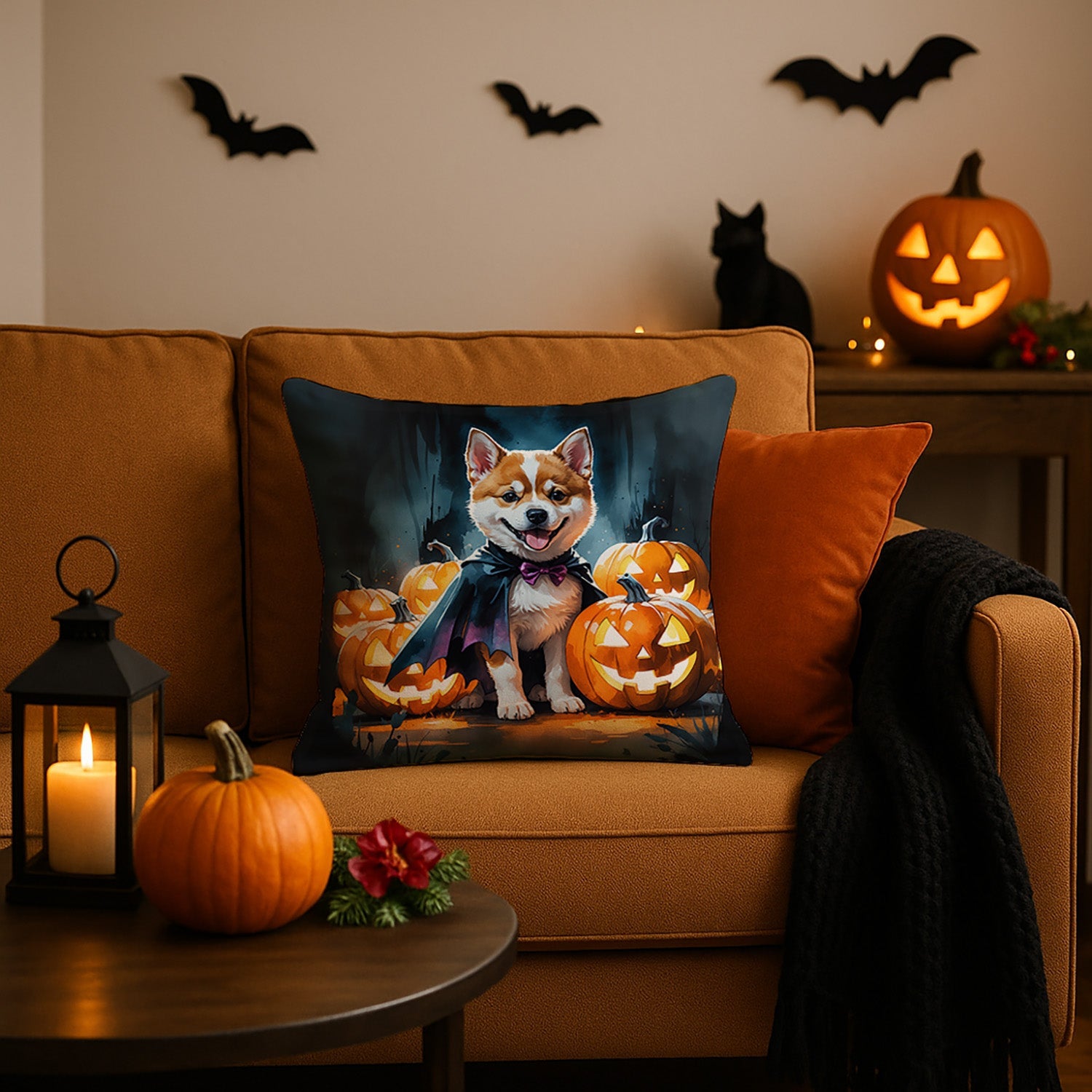 Akita Puppy Halloween Decorative Throw Pillow 18x18 Indoor Outdoor Accent Cushion, Fabric Cover with Insert for Sofa, Bed, Porch & Living Room