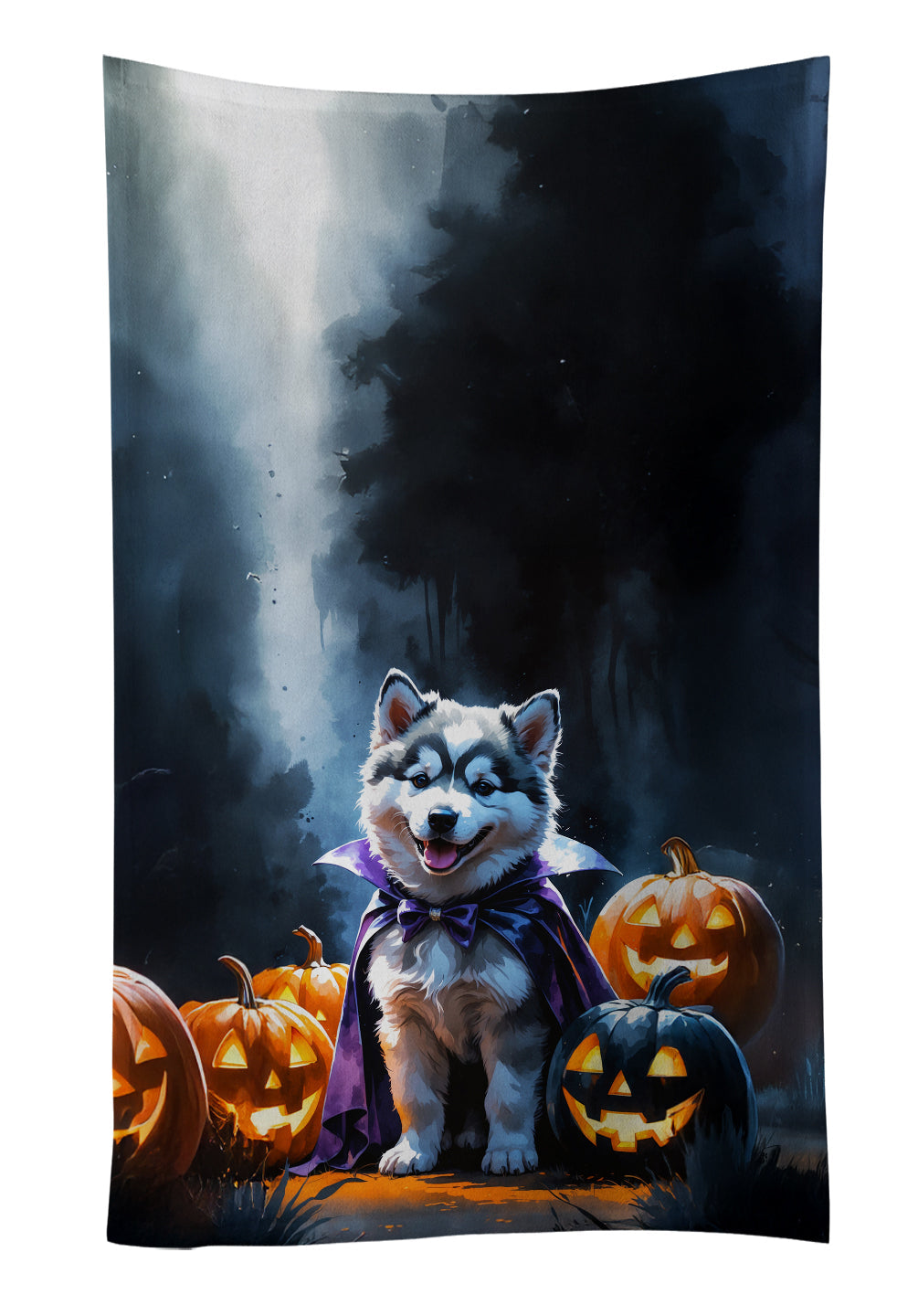 Alaskan Malamute Puppy Halloween Kitchen Towel Velour Plush Front and Cotton Loop Back Machine Washable