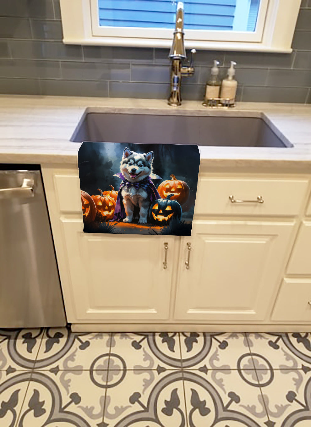 Alaskan Malamute Puppy Halloween Kitchen Towel Velour Plush Front and Cotton Loop Back Machine Washable