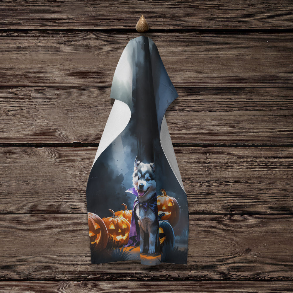 Alaskan Malamute Puppy Halloween Kitchen Towel Velour Plush Front and Cotton Loop Back Machine Washable