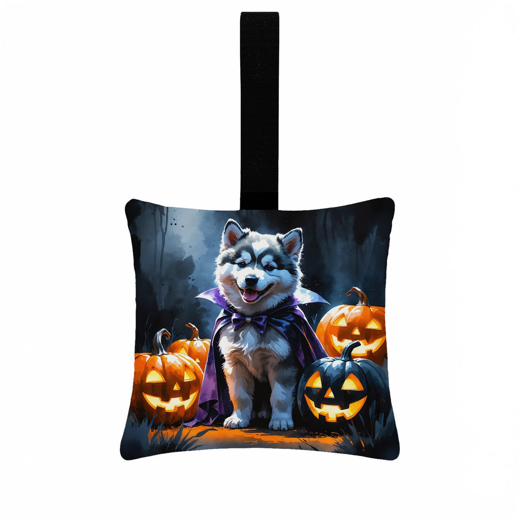 Alaskan Malamute Puppy Halloween Hanging Square Fabric Ornament 3.5 × 3.5 Decorative Door-Knob & Tree Hanger, Soft Fabric