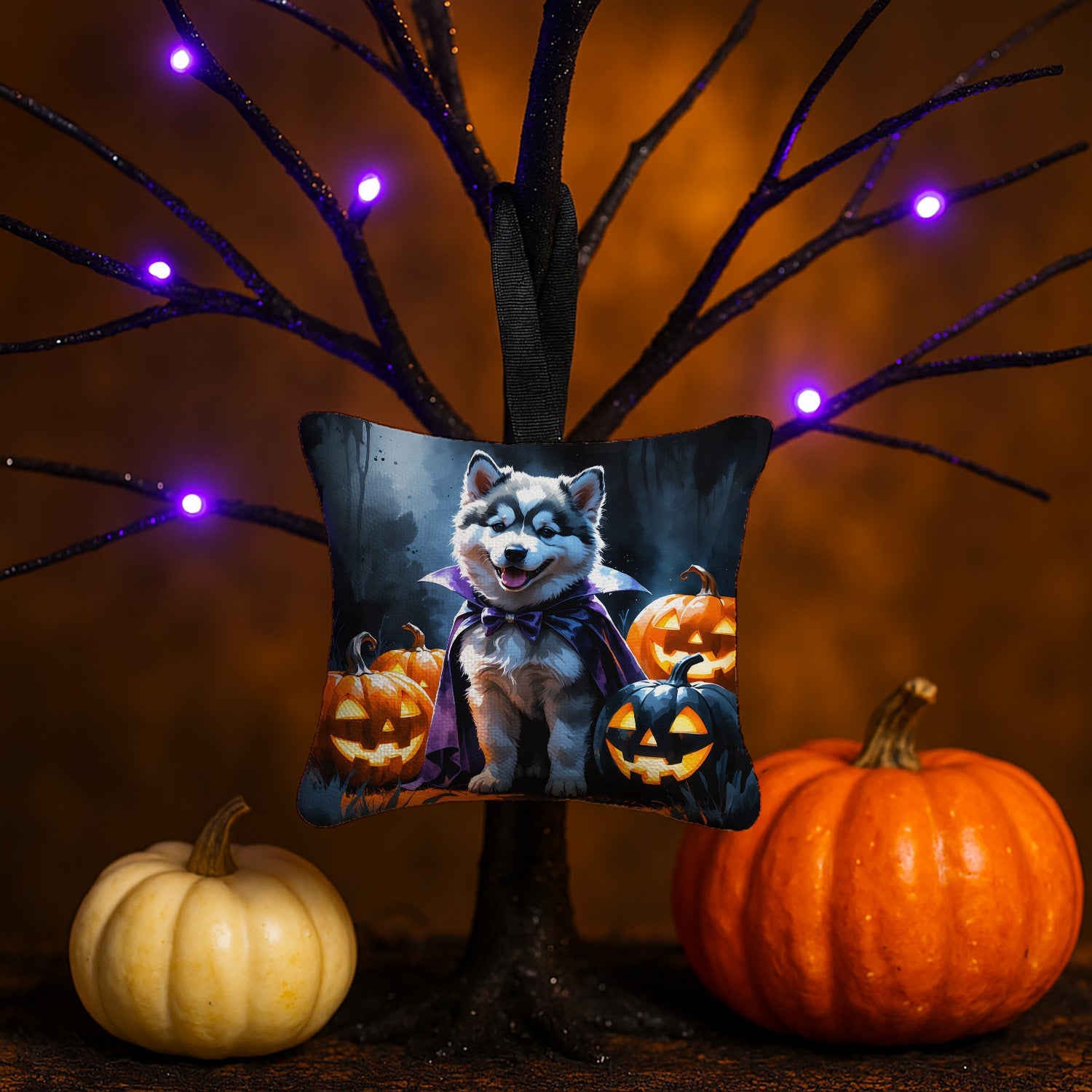 Alaskan Malamute Puppy Halloween Hanging Square Fabric Ornament 3.5 × 3.5 Decorative Door-Knob & Tree Hanger, Soft Fabric