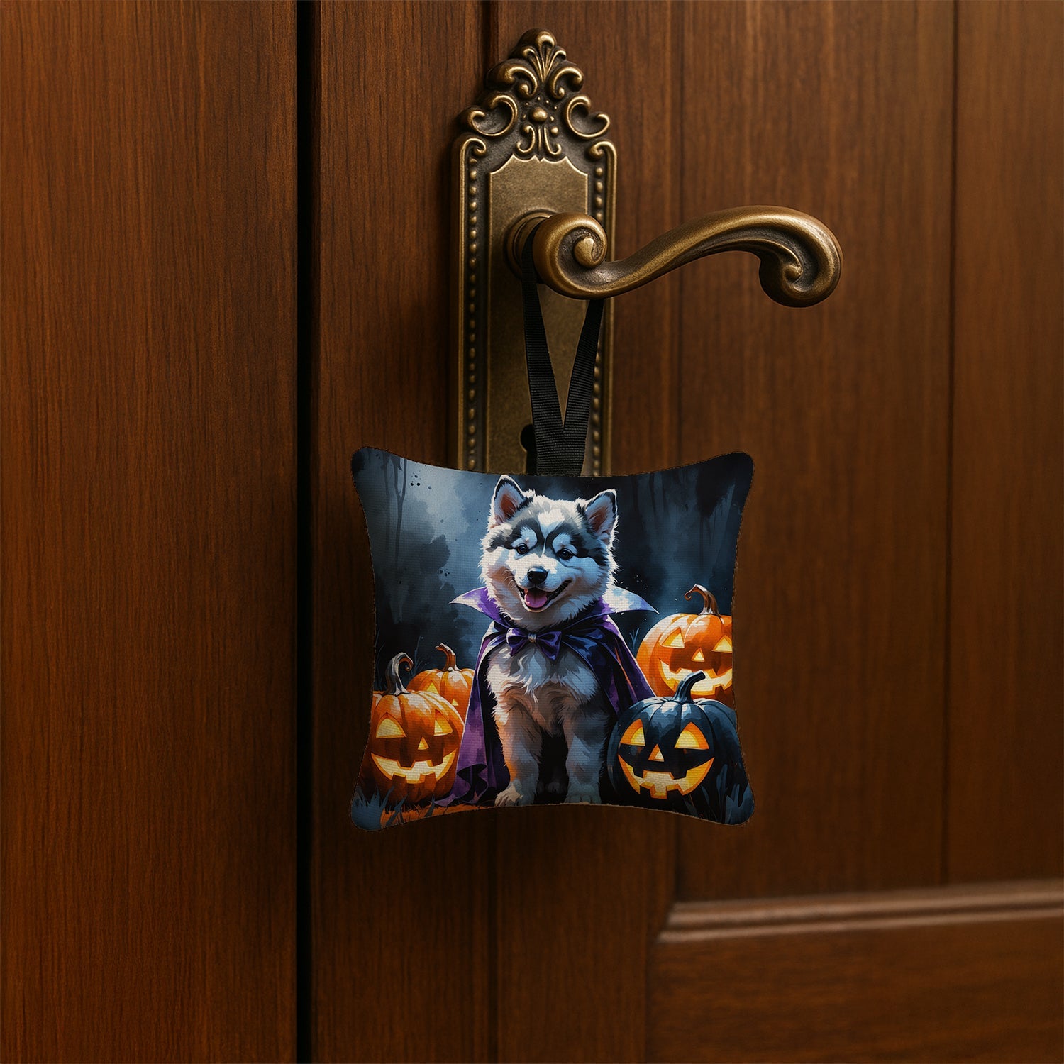Alaskan Malamute Puppy Halloween Hanging Square Fabric Ornament 3.5 × 3.5 Decorative Door-Knob & Tree Hanger, Soft Fabric