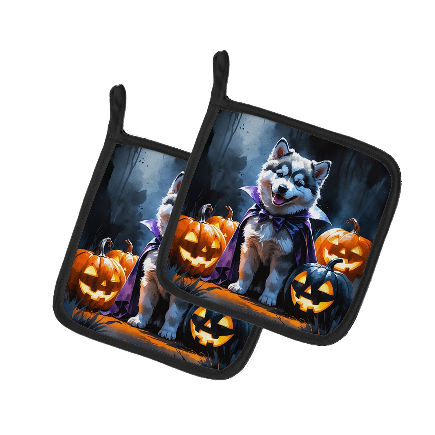 Alaskan Malamute Puppy Halloween Pot Holder Set of 2 Heat Resistant Quilted Hot Pads 7.5 x 7.5 Inch, Insulated Kitchen Trivets for Cooking & Baking