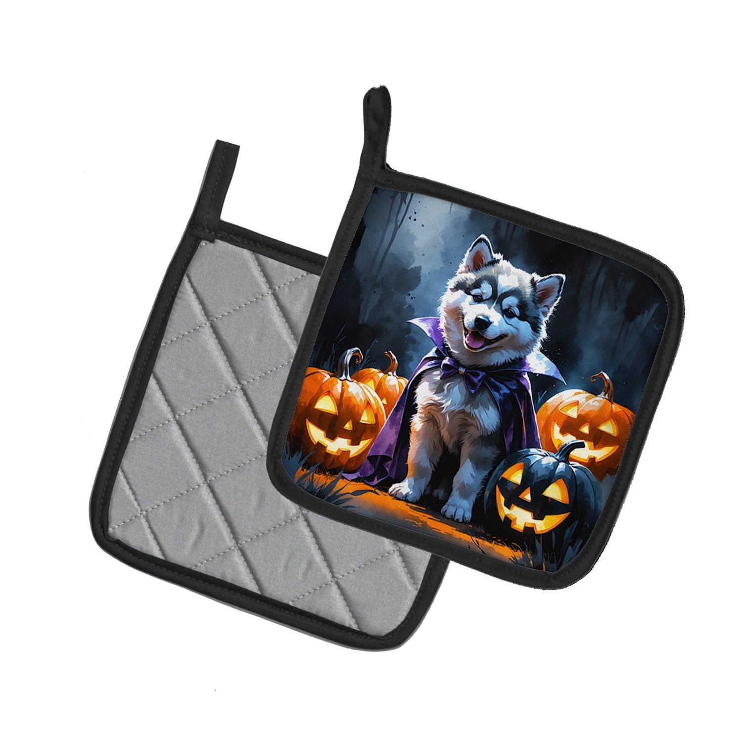 Alaskan Malamute Puppy Halloween Pot Holder Set of 2 Heat Resistant Quilted Hot Pads 7.5 x 7.5 Inch, Insulated Kitchen Trivets for Cooking & Baking