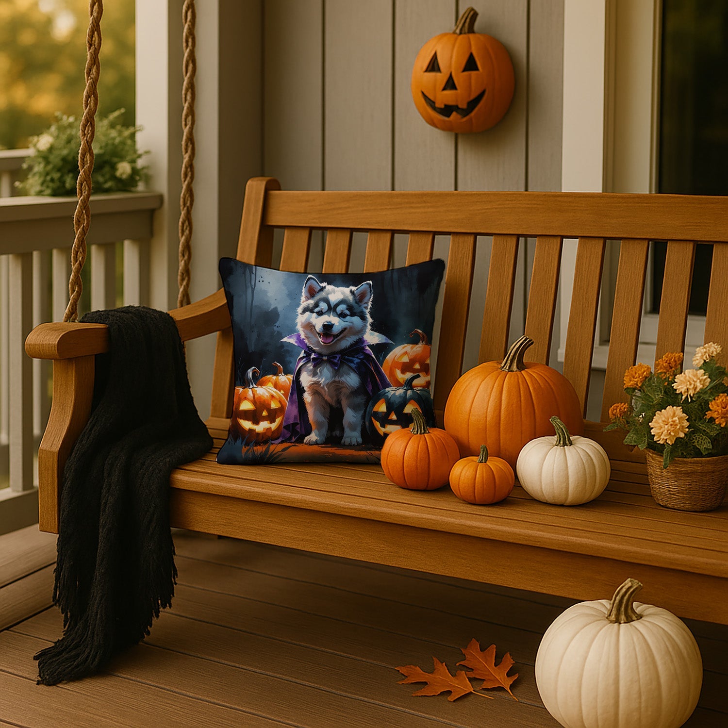 Alaskan Malamute Puppy Halloween Decorative Throw Pillow 14x14 Indoor Outdoor Accent Cushion, Fabric Cover with Insert for Sofa, Bed, Porch & Living Room