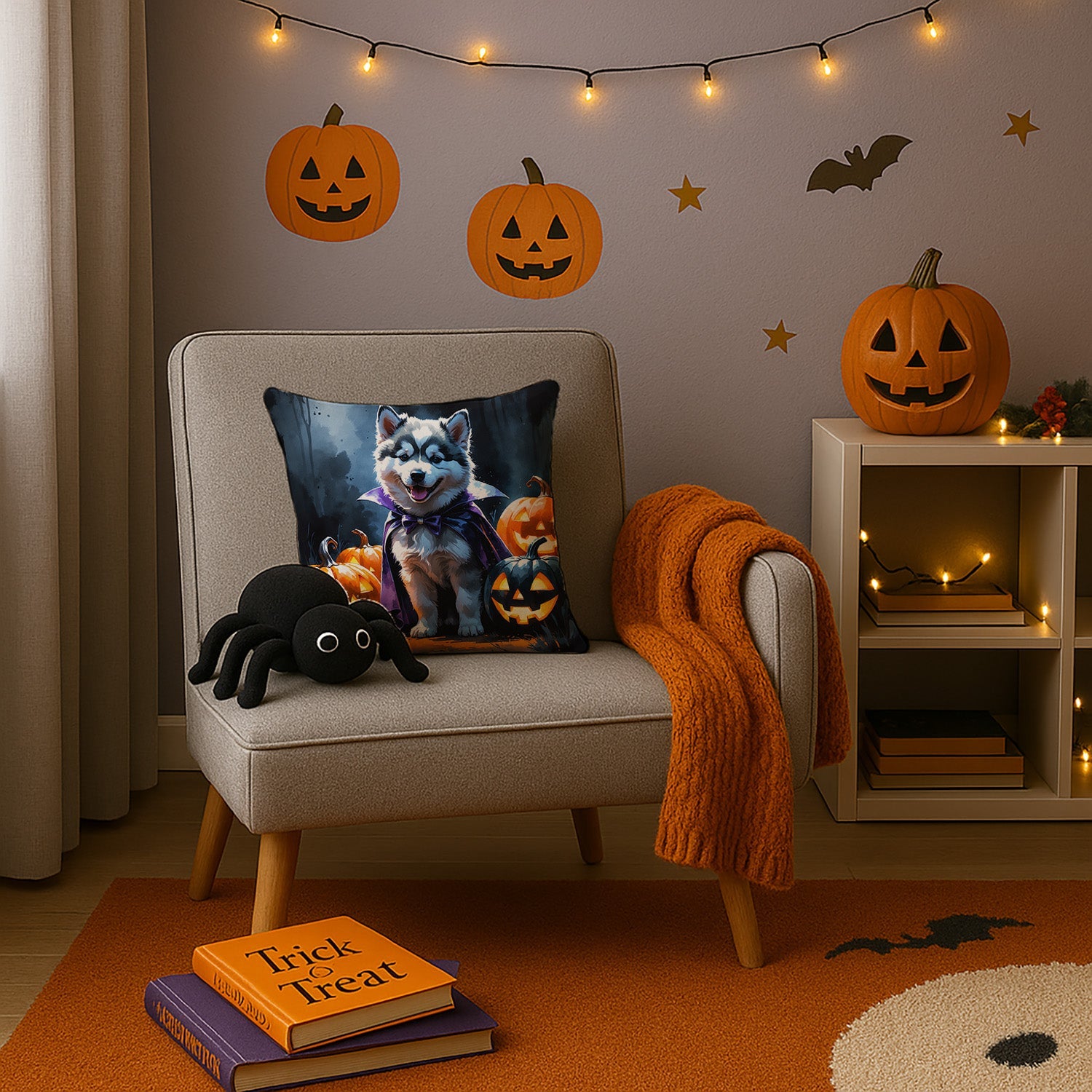 Alaskan Malamute Puppy Halloween Decorative Throw Pillow 14x14 Indoor Outdoor Accent Cushion, Fabric Cover with Insert for Sofa, Bed, Porch & Living Room