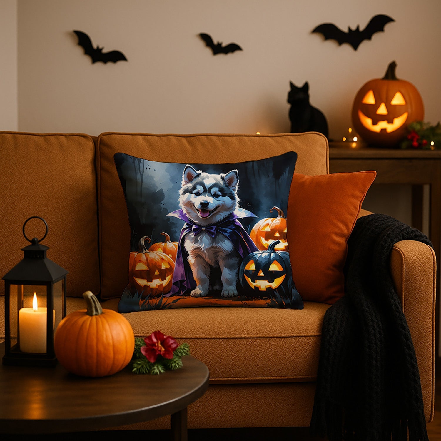 Alaskan Malamute Puppy Halloween Decorative Throw Pillow 18x18 Indoor Outdoor Accent Cushion, Fabric Cover with Insert for Sofa, Bed, Porch & Living Room