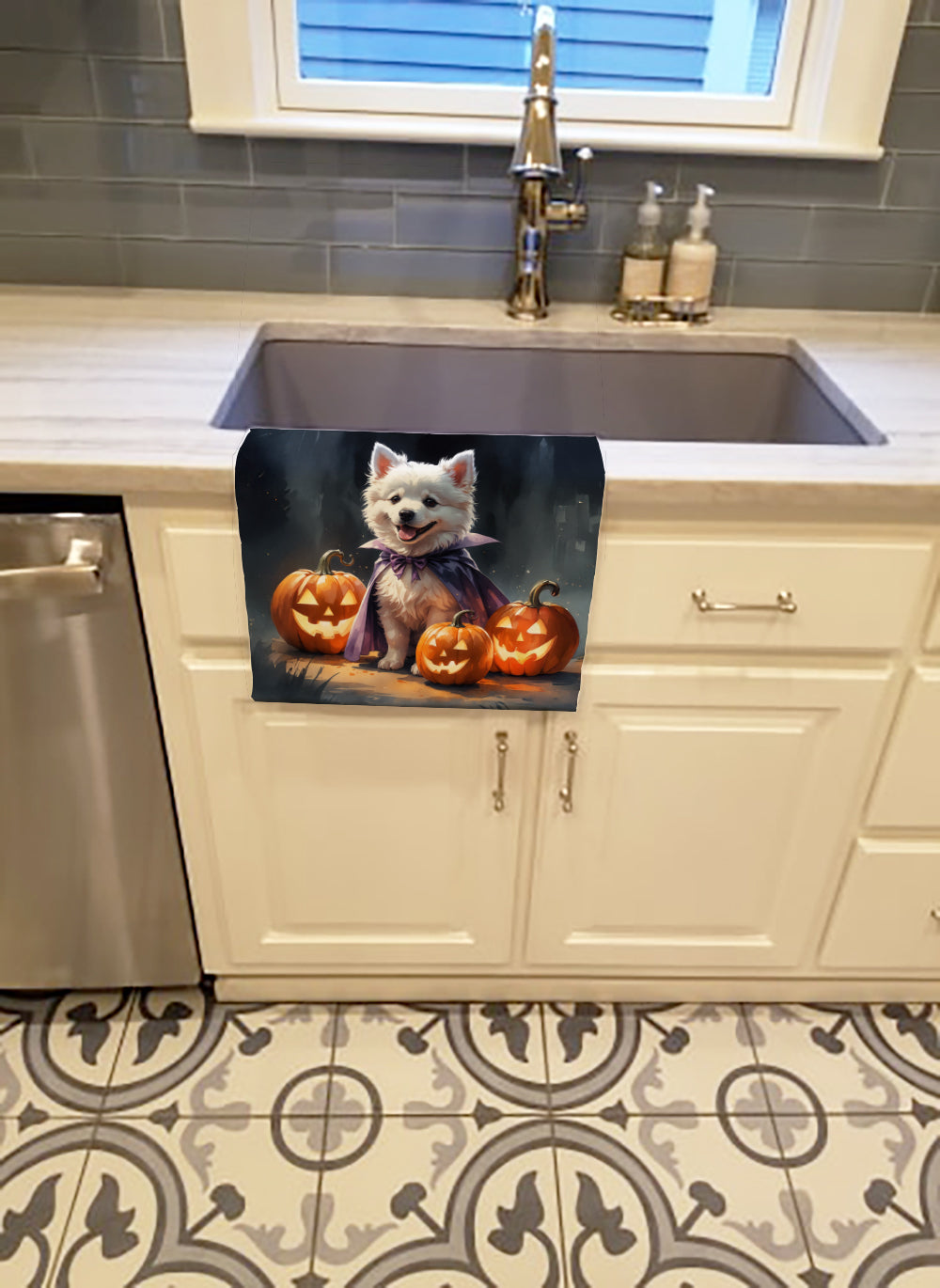 American Eskimo Puppy Halloween Kitchen Towel Velour Plush Front and Cotton Loop Back Machine Washable