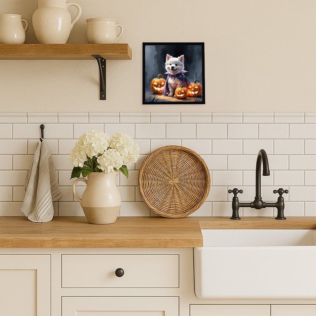 American Eskimo Puppy Halloween Framed Metal Print Bathroom, Kitchen, Office, Home Decor Wall Art Ready to Hang, Square, 8X8