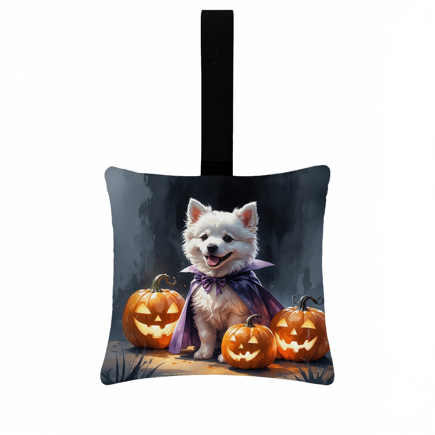 American Eskimo Puppy Halloween Hanging Square Fabric Ornament 3.5 × 3.5 Decorative Door-Knob & Tree Hanger, Soft Fabric