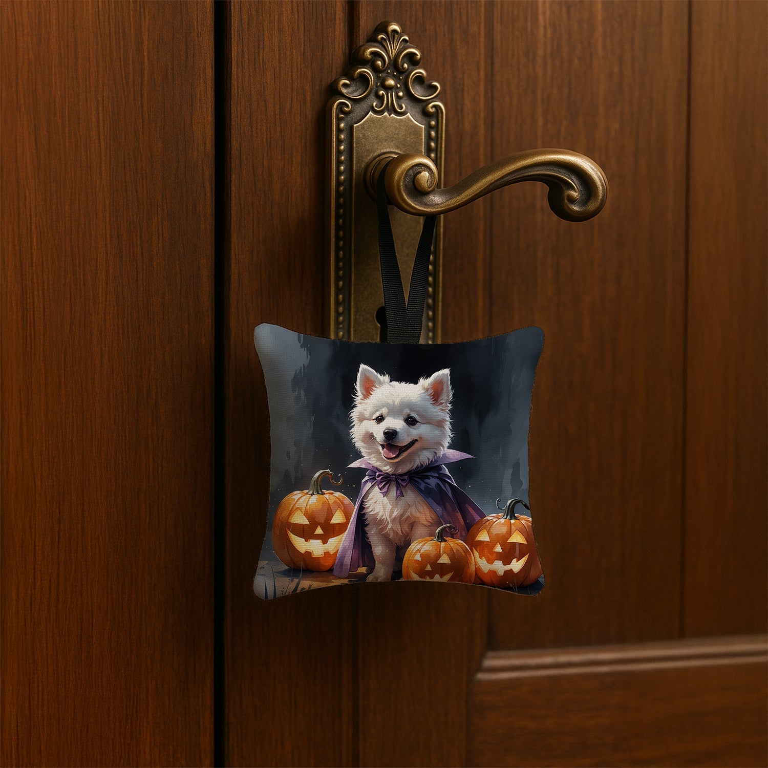 American Eskimo Puppy Halloween Hanging Square Fabric Ornament 3.5 × 3.5 Decorative Door-Knob & Tree Hanger, Soft Fabric