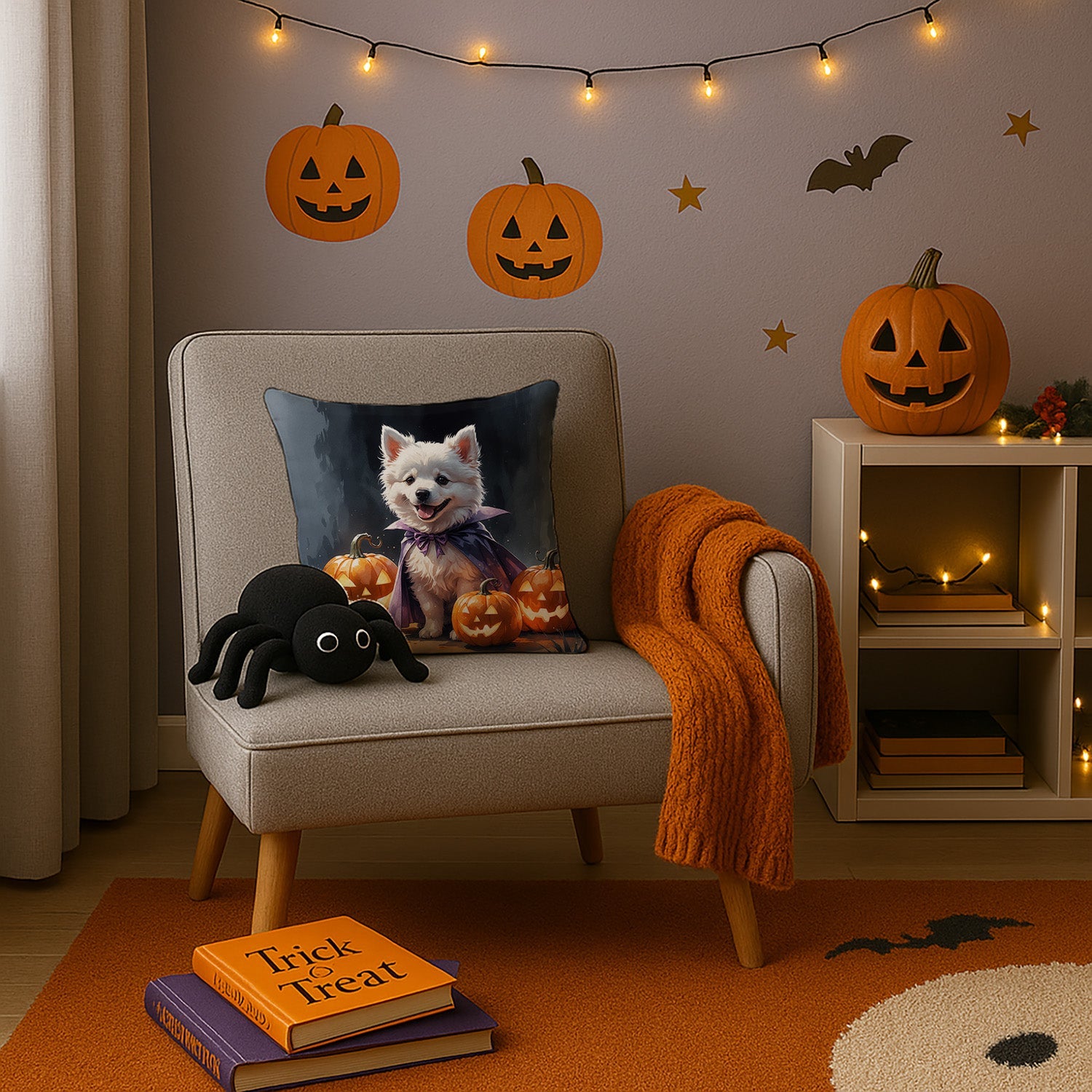 American Eskimo Puppy Halloween Decorative Throw Pillow 14x14 Indoor Outdoor Accent Cushion, Fabric Cover with Insert for Sofa, Bed, Porch & Living Room