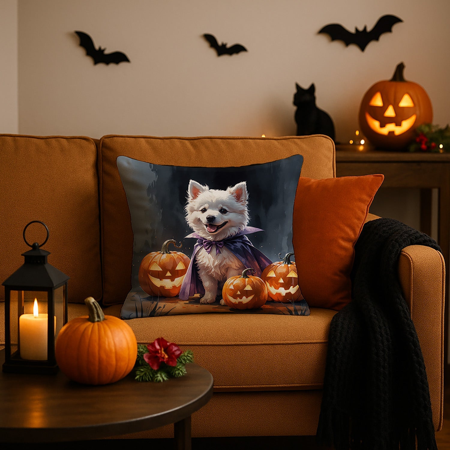 American Eskimo Puppy Halloween Decorative Throw Pillow 18x18 Indoor Outdoor Accent Cushion, Fabric Cover with Insert for Sofa, Bed, Porch & Living Room