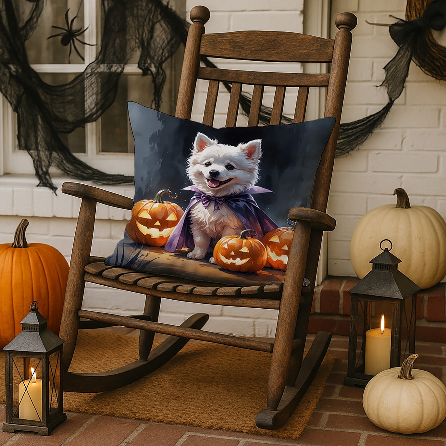 American Eskimo Puppy Halloween Decorative Throw Pillow 18x18 Indoor Outdoor Accent Cushion, Fabric Cover with Insert for Sofa, Bed, Porch & Living Room