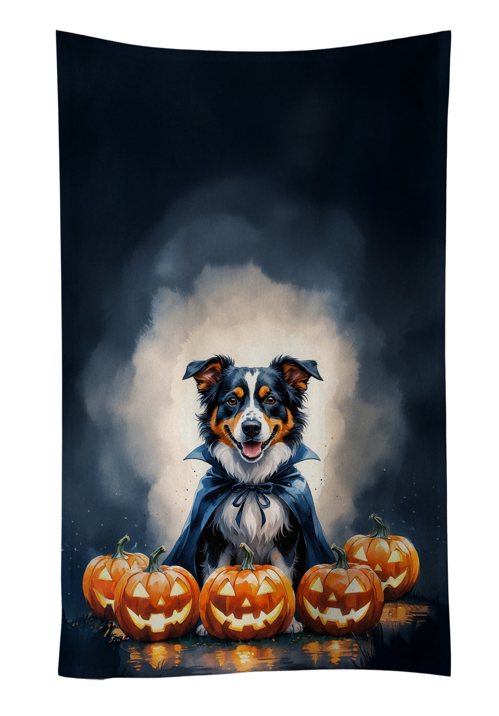 Australian Shepherd Puppy Halloween Kitchen Towel Velour Plush Front and Cotton Loop Back Machine Washable