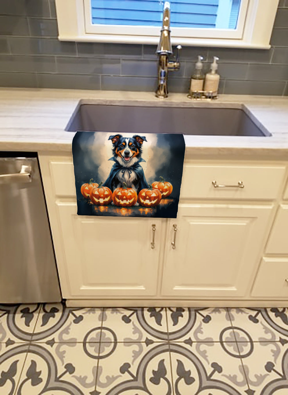 Australian Shepherd Puppy Halloween Kitchen Towel Velour Plush Front and Cotton Loop Back Machine Washable
