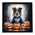 Australian Shepherd Puppy Halloween Framed Metal Print Bathroom, Kitchen, Office, Home Decor Wall Art Ready to Hang, Square, 8X8