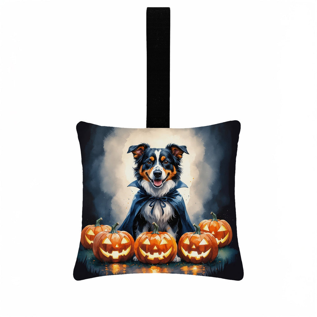 Australian Shepherd Puppy Halloween Hanging Square Fabric Ornament 3.5 × 3.5 Decorative Door-Knob & Tree Hanger, Soft Fabric