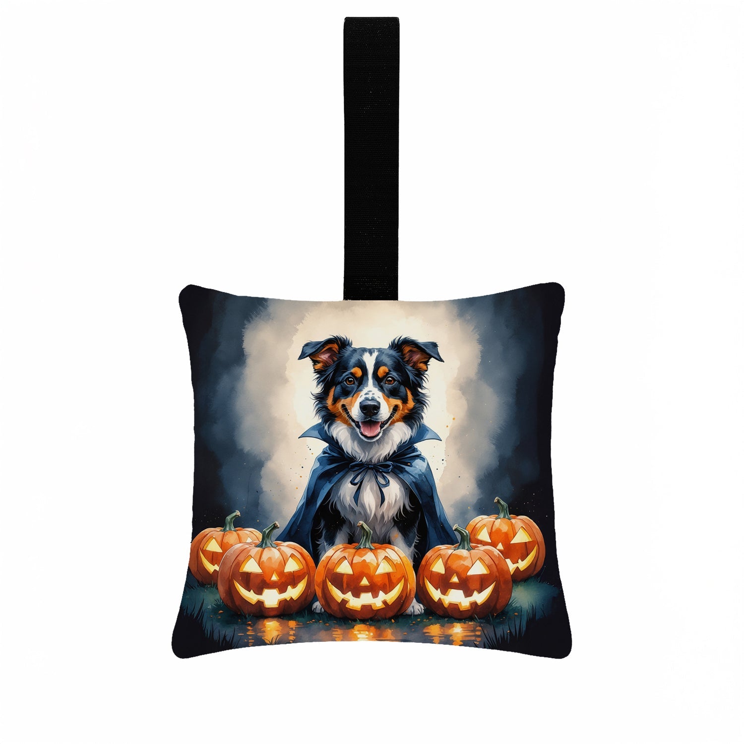 Australian Shepherd Puppy Halloween Hanging Square Fabric Ornament 3.5 × 3.5 Decorative Door-Knob & Tree Hanger, Soft Fabric