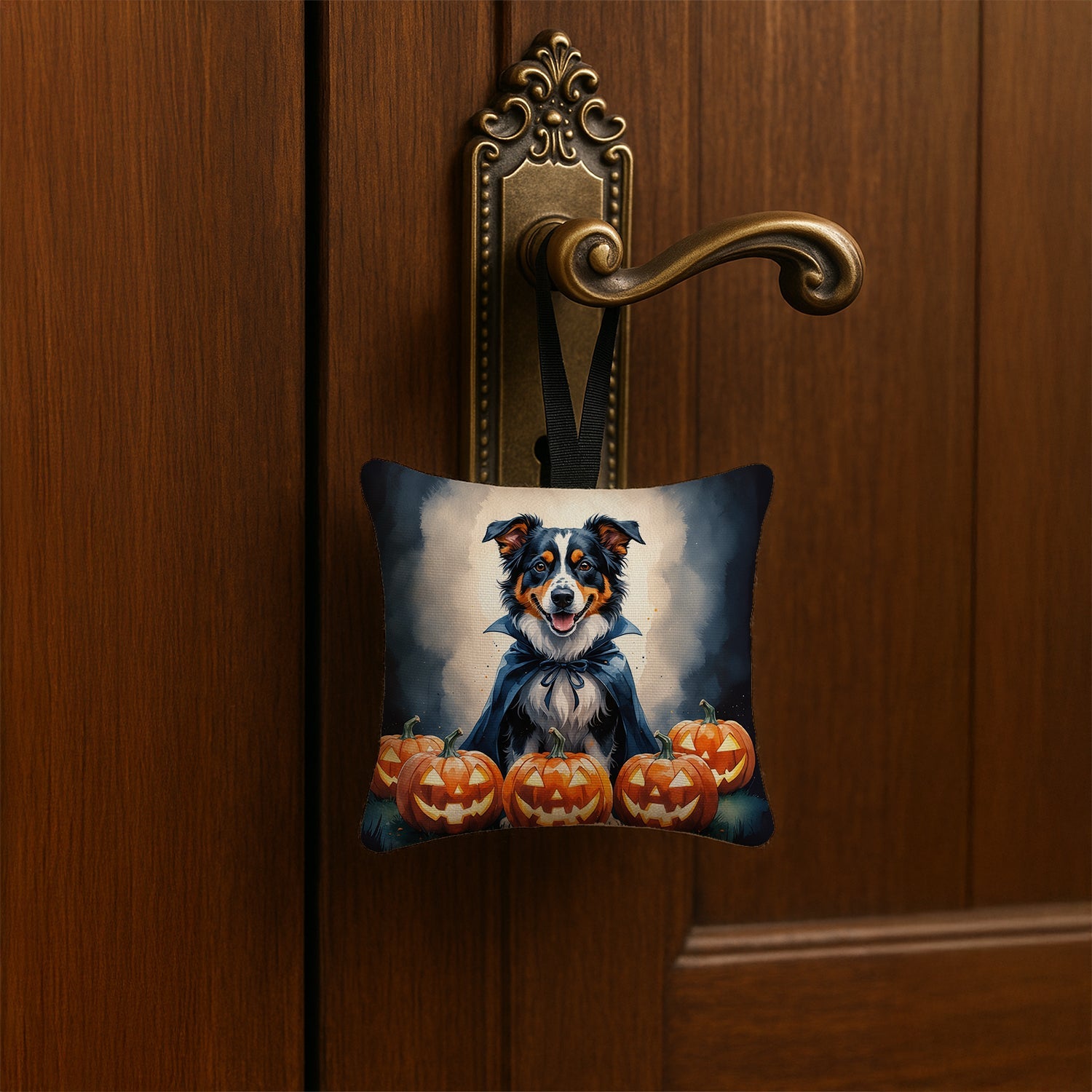 Australian Shepherd Puppy Halloween Hanging Square Fabric Ornament 3.5 × 3.5 Decorative Door-Knob & Tree Hanger, Soft Fabric