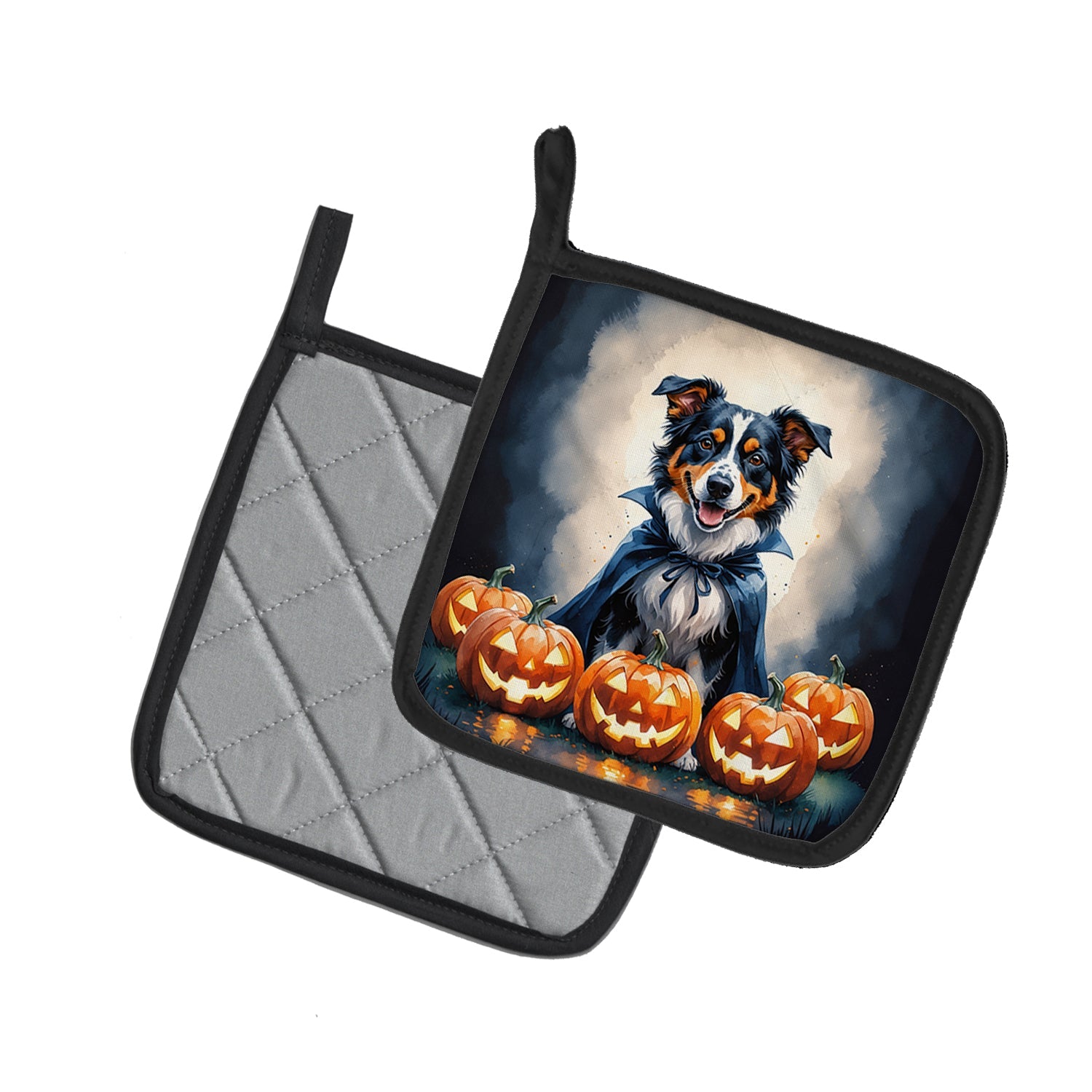 Australian Shepherd Puppy Halloween Pot Holder Set of 2 Heat Resistant Quilted Hot Pads 7.5 x 7.5 Inch, Insulated Kitchen Trivets for Cooking & Baking