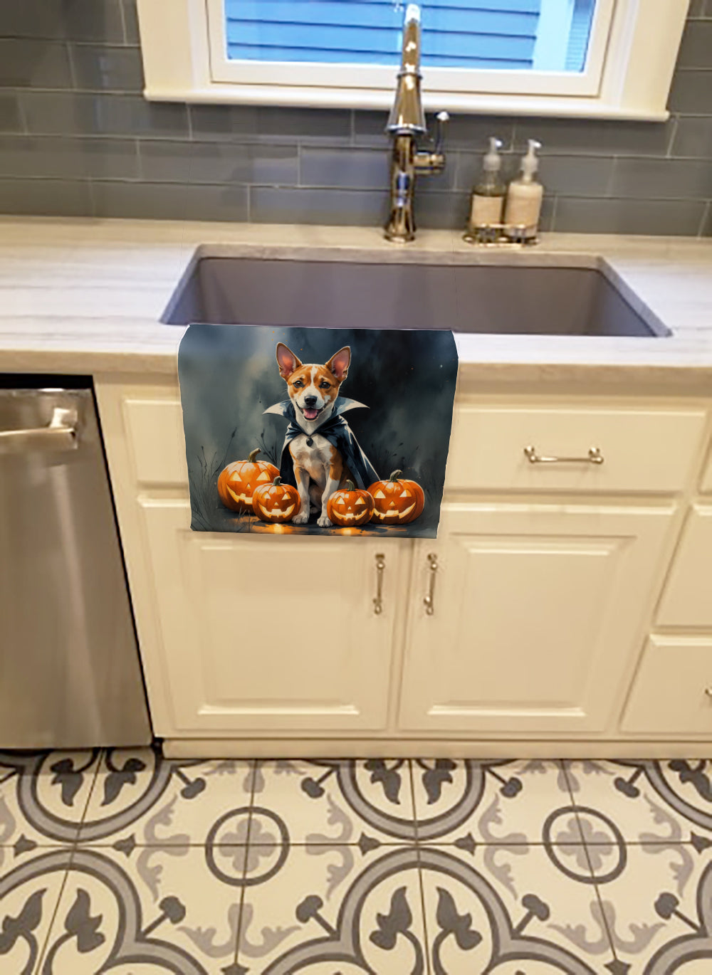 Basenji Puppy Halloween Kitchen Towel Velour Plush Front and Cotton Loop Back Machine Washable