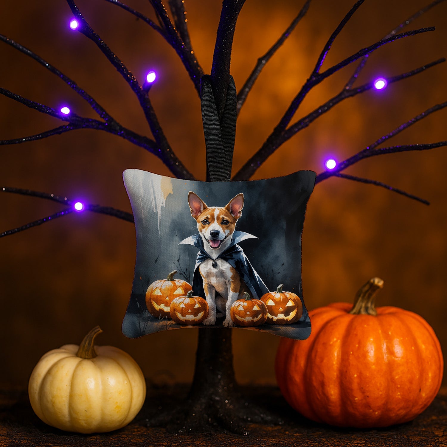 Basenji Puppy Halloween Hanging Square Fabric Ornament 3.5 × 3.5 Decorative Door-Knob & Tree Hanger, Soft Fabric