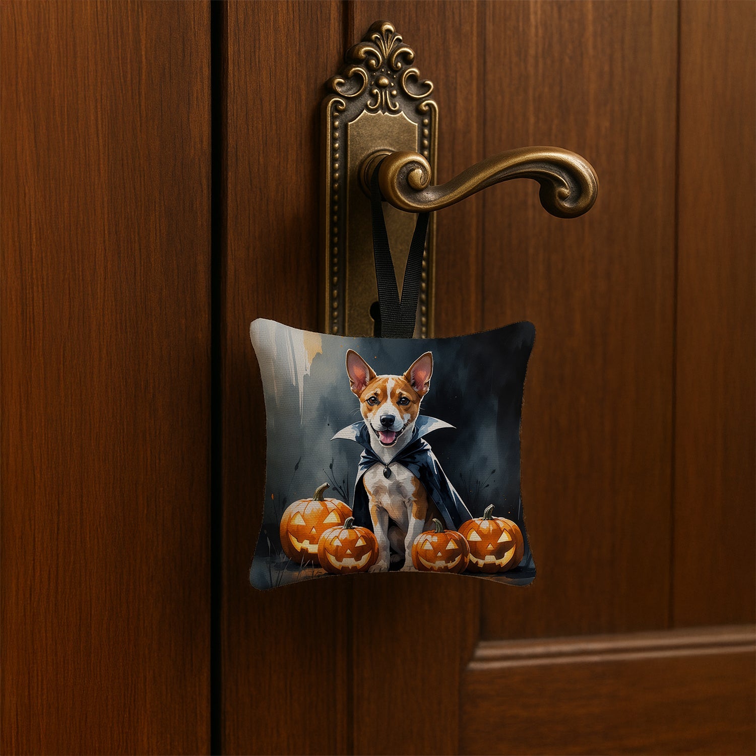 Basenji Puppy Halloween Hanging Square Fabric Ornament 3.5 × 3.5 Decorative Door-Knob & Tree Hanger, Soft Fabric