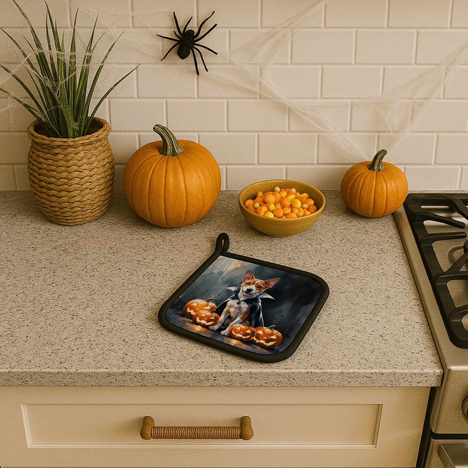 Basenji Puppy Halloween Pot Holder Set of 2 Heat Resistant Quilted Hot Pads 7.5 x 7.5 Inch, Insulated Kitchen Trivets for Cooking & Baking
